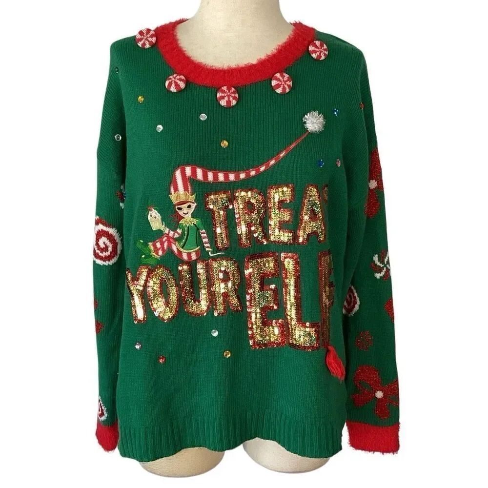 Holiday Time Treat Your Elf Ugly Christmas Sweater Women’s L 12/14